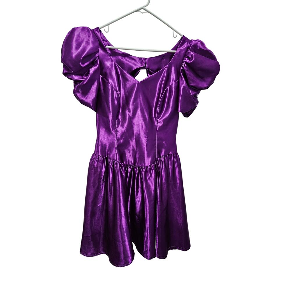 Alfred Angelo Shiny Purple Satin Puff Sleeve Midi Dress
